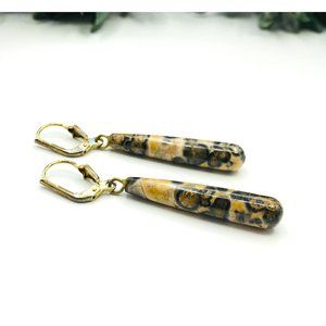 Vintage earrings lemon yellow leopard jasper 925 sterling dangle 1.75" length